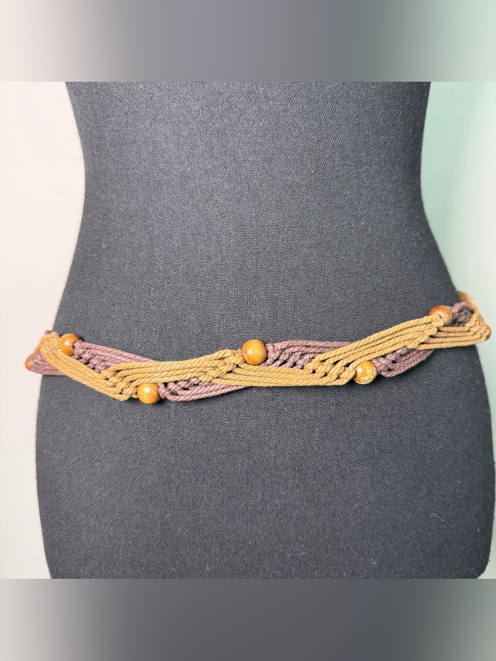 Vintage Handmade 70s Macrame Braided Rope Belt Wooden Beads Tan Brown Boho (L)
